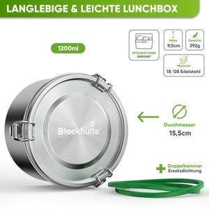 Blockhütte Premium Lunchbox Edelstahl Rund I 1200ml I mit Göffel, 2x Dichtung Set I Edelstahl Dose Auslaufsicher I Edelstahl Behälter Office