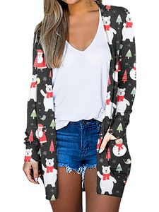 Strickjacken Damen Mit Taschen Outwear Festival Offene Vordere Jacke LOSSE SNOWMAN DRUCK Töntin Cardigans,Farbe:Figur 4,Größe:L