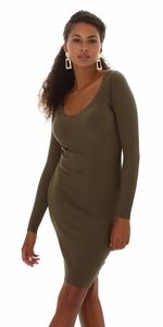 Damen Strickkleid Pulloverkleid Stretch gerippt V-Ausschnitt, Olivgrün