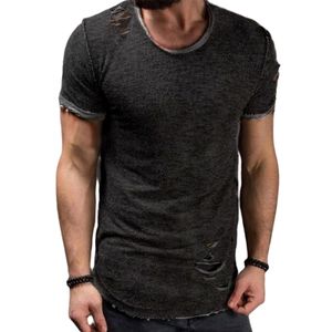 Herren Muskel Kurzarm Zerrissenes T-Shirt Casual Pullover Slim Fit T Tops Bluse,Farbe: Schwarz,Größe:S