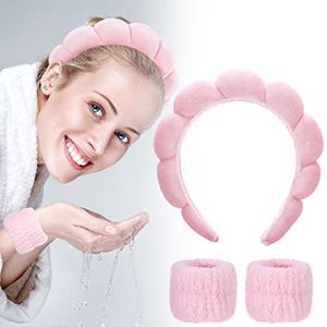 ASKSA 3 kusy lázeňské čelenky Wrist Wash Band Set Make up Hair Band, růžová