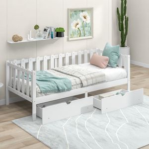 Merax Kinderbett Jugendbett 90x200 cm Hausbett mit Zäune und Schubladen, Sofa Couch Bett mit Stauraum, Kiefer Kinderhaus in weiß