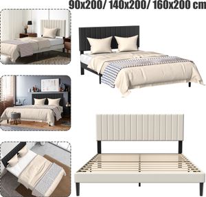 XMTECH Čalouněná postel 140 x 200 cm dvoulůžko s čelem, Robustní rám postele s lamelovým roštem, Čalouněný rám postele, Samet, Bez matrace, Černý