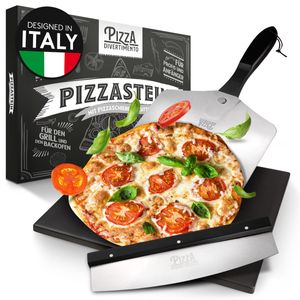 Pizza Divertimento - Pizzastein für Backofen und Gasgrill –Mit Pizzaschieber & Pizzaschneider – Cordierit Pizza Stein – Pizza Stone knuspriger Boden