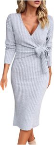 Elegantes Damen-Wickelkleid mit V-Ausschnitt und Strick-Midikleid, selbstbindende, taillierte, figurbetonte Overknee-Bleistiftkleider
