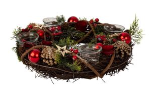 Weihnachtlicher Adventskranz rund mit rot/grün/brauner Dekoration für Teelichter Durchmesser 34 cm