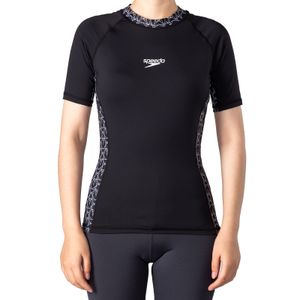 Speedo Kurzarm-Rashguard für Damen, UPF50+, UV-Sonnenschutz, Top-T-Shirt, schnell trocknende Schwimmshirts, Schwarz/Weiß, XS