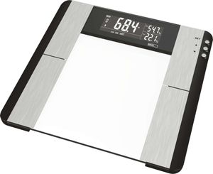 EMOS Digitale Personenwaage mit BMI und Memory Funktion, Sicherheitsglas, misst Körperfett, Muskelmasse, Wasser, Batterien mitgeliefert, EV104