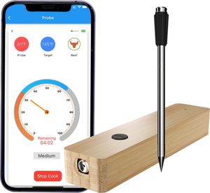Inteligentní teploměr na maso, vyskakovací teploměr na potraviny s okamžitým odečtem, ovládání APP s bezdrátovým dosahem 500 stop, časový alarm, grilovací teploměr pro venkovní grilování s úložným prostorem a nabíjecí stanicí