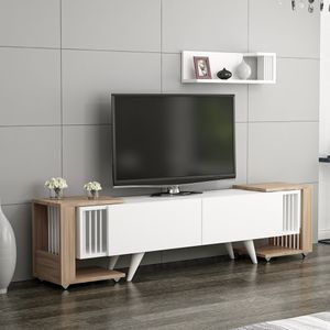 TV Schrank Glostrup TV Lowboard mit Wandregal TV Board Set mit 2 Beistelltischen Fernsehtisch mit Stauraum Wohnzimmer Eiche-Optik Weiß