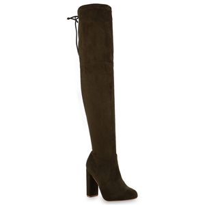 Mytrendshoe Damen Overknees Stiefel High Heel Boots Schuhe 825730, Farbe: Olivgrün, Größe: 36