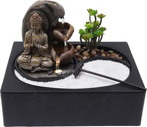 Zimmerbrunnen Sitzende Buddha Brunnen Tischbrunnen mit Pflanzen Sand Steinen für Wohnzimmer, Büro Dekorationen