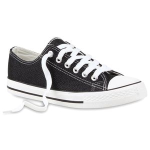 Mytrendshoe Damen Sneakers Low Glitzer Schuhe Freizeit Turnschuhe Bequem 810007, Farbe: Schwarz, Größe: 36