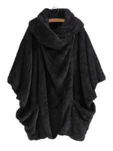 Frauen Kimono Ärmeln Jacke Winter Warm Mit Taschen Outwear Lose Fluffy Mantel, Farbe: Schwarz, Größe: 5Xl