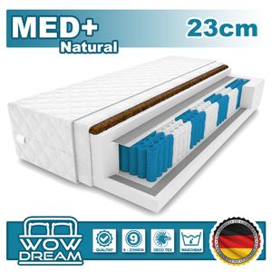 9 Zonen Matratze MED+ Natural 80x190x23cm Taschenfederkern | Rollmatratze mit waschbarem Bezug und Kokosmatte I H3 / H4