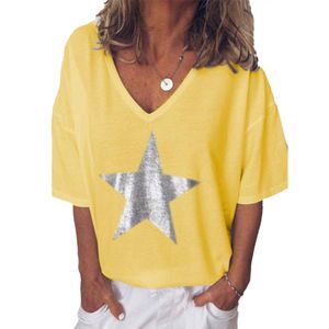 Plus Size Sommer Frauen Star V-Ausschnitt Kurzarm T-Shirt Einfarbig Loose Top Gelb XXL