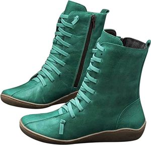 ASKSA Damen Stiefeletten Schnürstiefel Flach Halbschaft Winterstiefel Ankle Cowboy Boots, Grün, Größe: 39