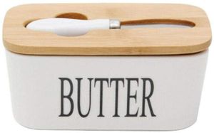 Butterdose Porzellan Butter mit Messer und Holzdeckel für 250g, Weiß, 16.5 x 10 x 7.5 cm