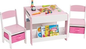 YORBAY Kindersitzgruppe Kindertisch mit 2 Stühlen, Maltisch Mit Kreidetafel, Sitzgruppe für Kinder mit Stauraum, 3tlg, Weiß + Rosa