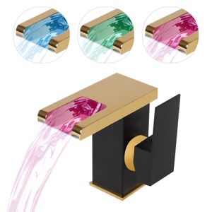 LED Wasserhahn Waschbecken Hahn 3 Farbe Ändern Beleuchtung Wasserfall Badezimmer (Schwarz+Gold)