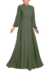 Damen Maxikleider Langarm Robe Hohe Taille Muslimisches Langes Kleid Freizeitkleider dunkelgrün,Größe XL