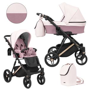 Kinderwagen LAZZIO PREMIUM Sportwagen Babywagen Babyschale Komplettset Kinder Wagen Set 2 in 1 (rosa + eco, Rahmenfarbe: Kupfer)