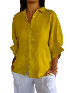 Damen Blusen Baumwolle Shirts Leinen Langarm Hemden Baggy Button Down Sommer Tops Gelb,Größe 2XL