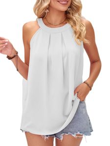 Damen Blusentops Ärmellose Tee Casual T-Shirts Einfache Faltenweste Lässige Weste Farbe:Weiß,Größe Xl