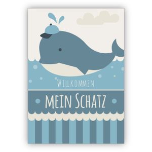 4x Niedliche Baby Glückwunschkarte zur Geburt eines Jungen mit Wal: Willkommen mein Schatz