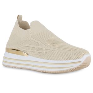 VAN HILL Damen Plateau Sneaker Strick Profil-Sohle Slip Ons Stoff-Schuhe 840949, Farbe: Beige, Größe: 40