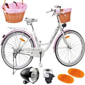Maltrack mestský bicykel Urban Classic s ružovým košíkom, 1 rýchlosť 26 palcov, biely mestský bicykel, nosič batožiny, zvonček, bicykel mestský bicykel dámsky bicykel