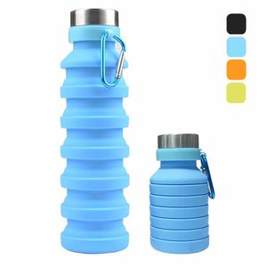 Faltbare Wasserflaschen, 550ML Faltbare Auslaufsicher Sportflasche, BPA Frei Silikon Flasche Wiederverwendbar Trinkflasche für Reise Camping Radfahren Klettern mit Karabinerhaken