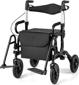 COSTWAY 2in1 Rollator & Rollstuhl faltbar mit Sitz, Luftbereifung, Tasche & Stockhalter, Gehhilfe 6-fach höhenverstellbar bis 140kg Alu Schwarz