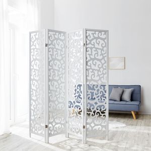 Homestyle4u 1056, Paravent Raumteiler 4 teilig, Kiefer Holz Ornamente, Weiß