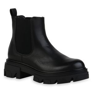 Mytrendshoe Damen Stiefeletten Chelsea Boots Blockabsatz Profil-Sohle Schuhe 835574, Farbe: Schwarz, Größe: 39
