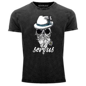 Cooles, lustiges Angesagtes Herren T-Shirt Vintage Shirt Servus Skull Totenkopf Aufdruck Used Look Slim Fit Neverless® schwarz XXL
