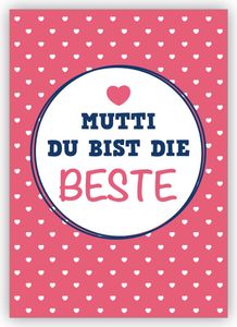 4x Schöne Glückwunschkarte zum Muttertag, Muttertagskarte mit vielen Herzen: Mutti du bist die Beste
