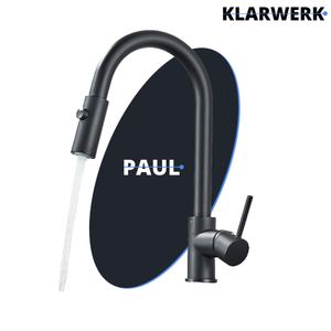 Paul | Premium Schwarz matt ausziehbare Niederdruck Armatur |Edelstahl Wasserhahn Küche | Mischbatterie - 360 Grad drehbar | Boiler 3 Anschlüsse