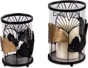 2er Set Windlichter Wili Ginkgo Blätter H. 16 + 19cm schwarz gold Metall Formano
