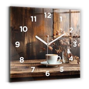 Wallfluent Wanduhr – Stilles Quarzuhrwerk - Uhr Dekoration Wohnzimmer Schlafzimmer Küche - Zifferblatt - weiße Zeiger - 30x30 cm - Tasse Kaffee