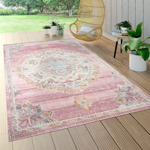 Outdoor Teppich Wetterfest Balkon Küche Orient Muster Modern Bordüre Pink Blau Grösse 60x100 cm