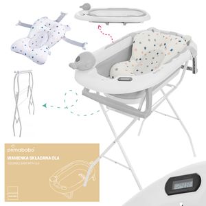 Primabobo Faltbare Babybadewanne mit Gestell, Badekissen, Spielzung und Thermometer, Baby badewanne mit Ständer für Babys, Neugeborenenwanne