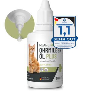 REAVET Ohrmilbenöl Plus 50ml sofort wirksames Mittel für Katzen & Hunde –gegen Ohrmilben mit Kamille für Hund & Katze, Sanfte Pflege bei Juckreiz im Ohr, Ohrentropfen Milben, Ohrenreiniger
