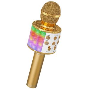 Bluetooth Karaoke Mikrofon Tragbares Handmikrofon mit LED für Kinder und Erwachsene Gold