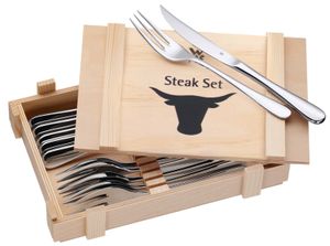 WMF Steakbesteck 12-teilig, Steakbesteck Set für 6 Personen, Steakmesser, Steakgabel, Cromargan Edelstahl poliert, Grillbesteck in Holzkiste