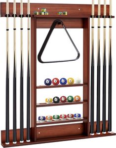 GOPLUS Billardständer, Pool Queue Halter aus Kiefernholz mit 8 Queue-Stifte, 3-stufig, Ball Rack Halter & Regal, freistehender Billardqueueständer für Bars Clubs Spielzimmer, Wandmontage (Braun)