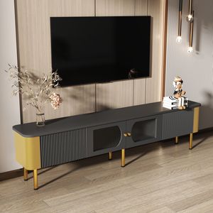 MODFU TV-Schrank Hochglanz Lowboard für 80-Zoll-TV, Fernsehtisch Wohnzimmerschränke mit Schubladen und speziell geformten Türverkleidungen, goldenen Griffen und Beinen, Bogenform für Wohnzimmer, schwarz