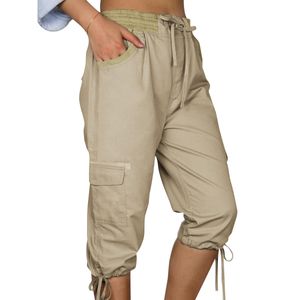 Caprihose Damen 3/4 Sporthose Baumwolle Hose Sommer Freizeithose Yogahose mit Taschen Khaki,Größe:2xl