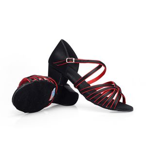 Mädchen Leichte Latin Schuhe Rutschfeste Knöchelriemen Sandalen Ballsaal Tanzen,Farbe: Schwarz Rot,Größe:EU 30
