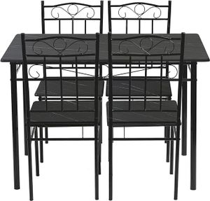 HJ WeDoo Essgruppe Industrial Style - Esstisch mit 4 Stühlen aus Metall & Holz, Schwarz marmoriert L109xB69xH75cm für Küche und Esszimmer